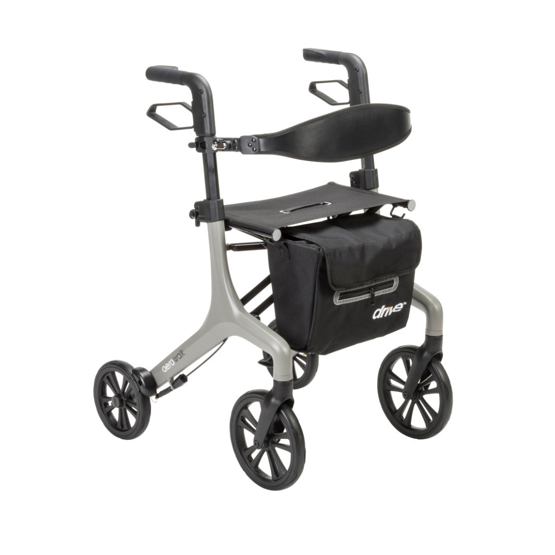 The Drive AeroWalk Ultra-Lite Rollator features four wheels, a seat, padded backrest, hand brakes, adjustable handles, and a black storage bag on a silver and black frame—offering reliable and comfortable mobility support.